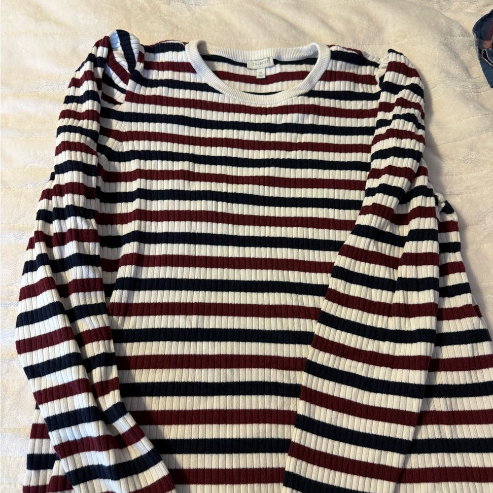 Talbots Maroon and Navy Striped Ribbed Top